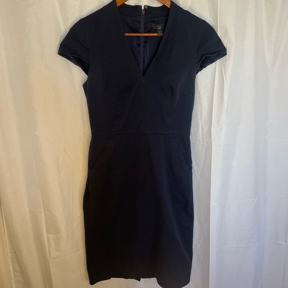 J CREW Women’s Navy Blue Cap Sleeve V Neck Pencil MIDI Fitted Dress Size 4